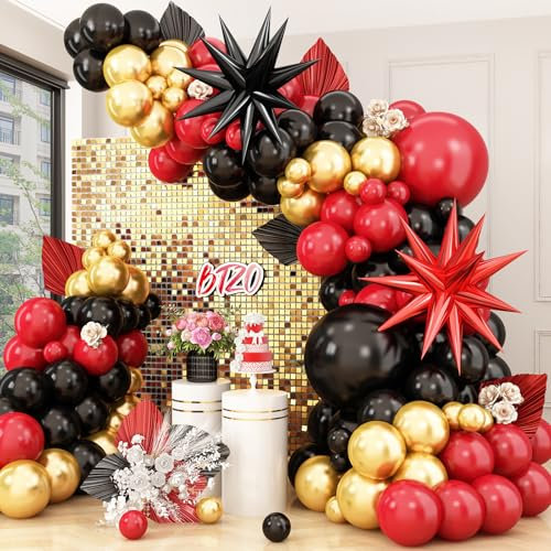 Red Black Balloon Arch Kit,Balloon Garland with Black Red Star Foil Balloons Metallic Gold Balloons for Birthday Baby Shower Wedding Engagement Anniversary Party Decorations