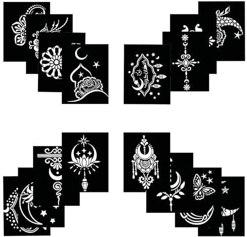 Qpout Tattoo Schablonen für Kinder und Erwachsene, 16 Blatt Henna Tattoo Schablonen, Henna Tattoo Schablonen für echte Tattoos, Henna Schablonen für Halloween Ramadan Mondfest Musikfestival