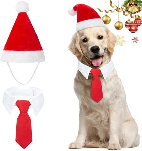 MELLIEX 2 Stück Weihnachten Hundekostüm, Hunde Katzen Weihnachtsmützen und Krawatte Weihnachtskostüm Zubehör Set für Haustier
