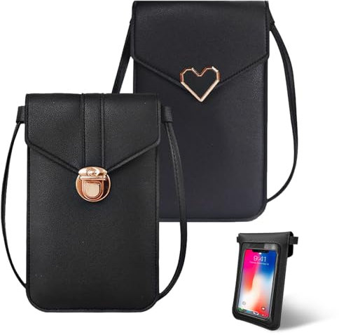 FOSDICK 2 Stück Handytasche zum Umhängen Damen, Klein Handy Umhängetasche, Schwarz Handy Tasche, Handyumhängetaschen Damen PU Leder, Mode Handytaschen für Outdoorsport, Reisen, Einkaufen, Wandern