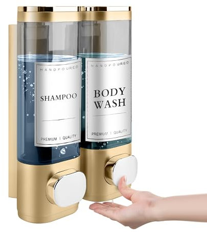 MEKOTRIN Soap Dispenser Bathroom Shampoo and Conditioner Dispenser Wall Mounted 300ML Container for Shower Gel Washing Up Liquid ABS No Drill Bathroom Accessories Set of 2(Gold)