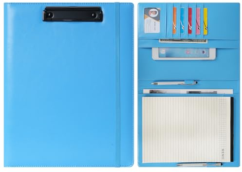 Wonderpool A4 Faux Leather Clipboard Partfolio Recipe Binder Notepad Forms Holders Document Case - Interview Planner Meeting Writing Padfolio File for Office Travel School (Sky Blue, A4)