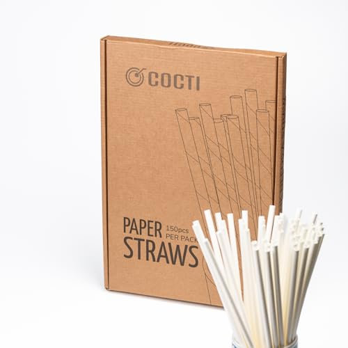Cocti Paper Straws - Durable, Tasteless Drinking Straws for Parties, Events & Everyday Use - Biodegradable Alternative to Plastic - Sturdy Design That Won't Go Soggy – 200mm x 6mm, White 150pcs.