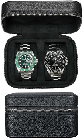 2 Uhren-Reiseetui für Männer und Frauen, echtes Top-Grain-Leder mit Wildleder zum Schutz Reißverschluss passend für alle Uhren bis zu 60mm (2W-Z-BBL)
