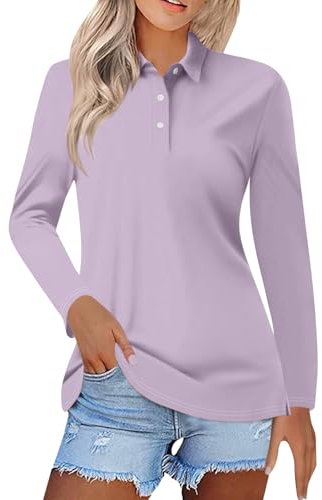 Polo da donna tinta unita autunno moda 2024 stretch traspirante manica lunga cotone piqué camicie da golf indoor outdoor palestra allenamento corsa attiva sport tennis t-shirt, 1#viola, XL