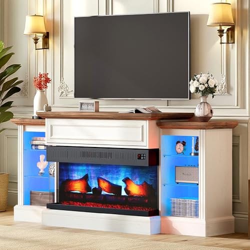 LUXOAK 60 Fireplace TV Stand with 28 3-Sided Glass Electric Fireplace, Farmhouse Media Entertainment Center with LED Light & Hiden Flip-up Door, TV Console Storage Cabinet for TVs up to 65, White
