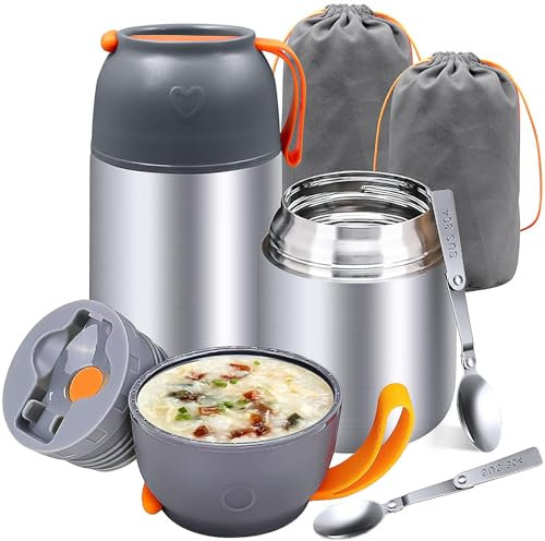 2 Pack Thermal Food flasks for Hot food, 650 ml Insulated Soup Container, Stainless Steel Vacuum Double Walled Lunch Jar with Foldable Spoon Bag for Kids School Office Outdoor, 22 oz