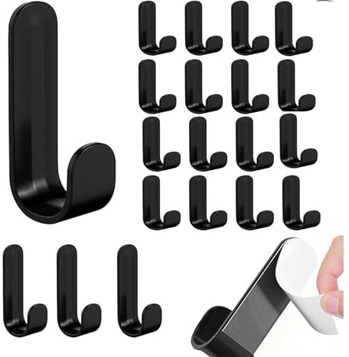 YFelomatric 20 ganci da parete autoadesivi di colore nero, autoadesivi, in plastica, colore nero, senza fori, per bagno, cucina, guardaroba