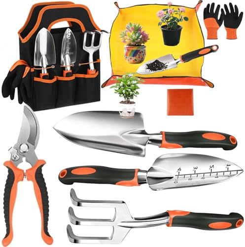 Garden Tools, 7pcs Gardening Hand Tools Set, Lightweight Aluminium Alloy Rust Proof Gift Set with Durable Storage Bag, Ergonomic Anti-slip Handle, Ideal Garden Gifts for Women & Men (Orange)