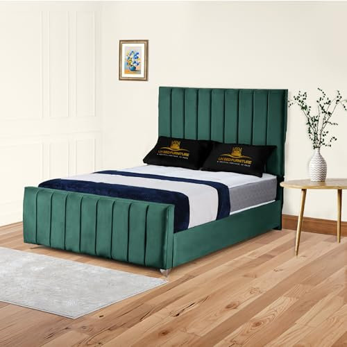 Richmond Upholstered Bed Frame in Plush Velvet | Elegant Vertical Panel Headboard & Footboard | Gas Lift Storage or Wooden Slats (Green, 4FT6 Double No Storage Slat Base No Mattress)