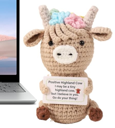 Generisch 2X Highland Cow Häkelfigur, Lustige Süße Positive Kuh Gehäkelt, Hochlandrind Kuscheltier, Kleine Lustige Häkelpuppe Mit Karte, Für Schreibtische Regale