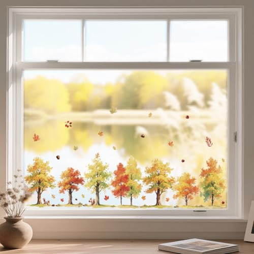 ANATTASOUL Fensterbilder Doppelseitig Herbstwald und Ahornblätter Fensterdeko Wiederverwendbar Fenstersticker Blickdichter Fenster Aufkleber Deko Herbst Winter für Kinderzimmer Badezimmer