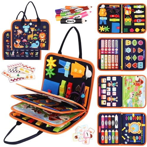 TRUEIN Busy Board Montessori 1-4 Ans, Livre sensoriel en Feutrine, 8 Pages