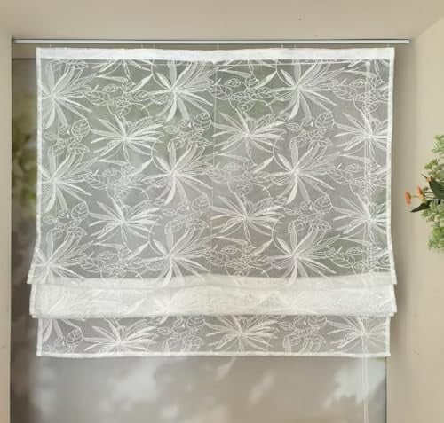 Vordesack Jacquard Raffrollo mit Ahornblatt Muster Weiß BxH 90x140cm | transparente Raffgardine mit Klettband, Modern Vorhang, 1 Stück, für Wohnzimmer Schlafzimmer Küche Erkerfenste