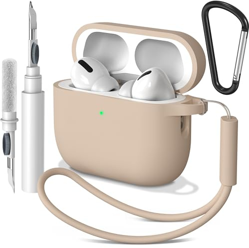 AK Hülle für AirPods Pro 3 Hülle (2025), mit Reinigungskit & Schlüsselanhänger & Umhängeband, Anti-Fall Shock-Absorbing, Weiche Silikon Schutzhülle Cover für Apple AirPods Pro 3 (Milchtee Farbe)