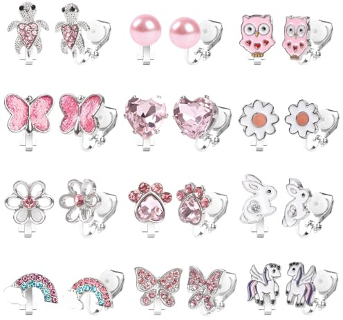 Honosen 12 Paar Ohrclips Kinder Mädchen, Hypoallergene Clip Ohrringe Kinder, Glänzend Klipp Ohrringe Mädchen, Stern Schmetterling Regenbogen und Blumen Ohne Ohrloch Ohrring