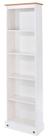 Core Products Corona 5-Shelf Tall Narrow Bookcase - Premium Wax Top with Solid Pine Construction and Practical Shelving (White)