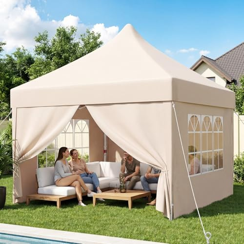 Devoko Tonnelle 3x3 Pliante avec Parois Latérales, Tonnelle à Hauteur Réglable, Toile en Tissu Oxford Imperméable, Tonnelle Robuste et Durable pour Mariages, Extérieur, Jardins et Fêtes, Beige