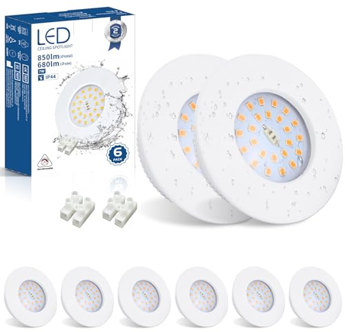 Allesgute 6er Led Einbaustrahler Flach 7W 850LM Weiß Led Spots 230V IP44 | Deckenspots 68mm, Einbauleuchten 3000K Warmweiß, Einbauspots für Badezimmer Küche Wohnzimmer