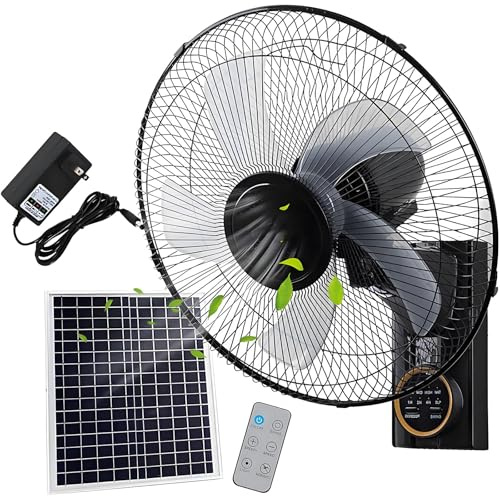 Ventilador solar de pared con mando a distancia, diseño oscilante, 5 aspas, 3 velocidades, inclinación ajustable de 90°, ideal para espacios al aire libre, garaje y gimnasio