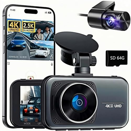 Dashcam 4K Avant/Arrière, Batterie Intégrée, Carte 64Go Incluse, Écran IPS 3.0, Wi‑FI 5G+App, Vision Nocturne, WDR, Capteur G, Boucle, Mode Stationnement 24h, Grand Angle