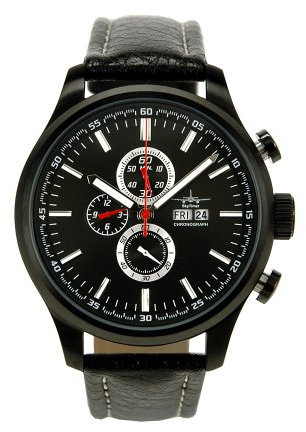 SkyTimer 501025412 - XXL-Fliegeruhr, Quarzwerk Miyota OS00, Edelstahlgehäuse schwarz 47mm, 5 ATM wasserdicht, Lederband