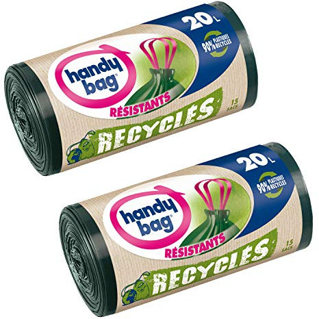 Handy Bag 2 Rouleaux de 15 Sacs Poubelle 20 L, Poignées Coulissantes, Recyclés, Résistant, Anti-Fuites, 45 x 50 cm, Vert Foncé, Opaque