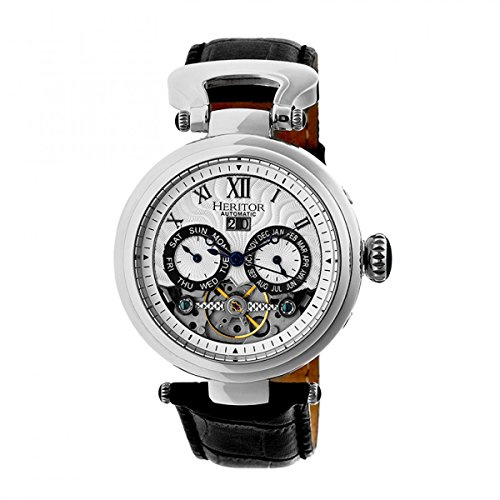 HERITOR Ganzi Automatic Watch for Men – 44mm Men’s Semi-Skeleton Watch with 35-Jewel Movement, 316L Stainless Steel Case, Sapphire-Coated Crystal, Leather Strap (HERHR3301) – Silver