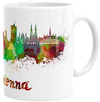 Merchandise for Fans Becher aus Keramik - 330 ml Motiv: Wien Sehenswürdigkeiten Silhouette Skyline (01)