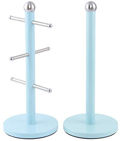 Mug Holder and Kitchen Paper Holder in Blue, Pink or Mint Green, Stainless Steel, Light Blue, Set of 2 Items