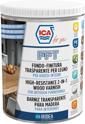 Ica For You FFT20 - Fondo-Finitura Trasparente per Legno ad Alta Resistenzao, Vernice per Interni, Base Acqua, Resistente a graffi e macchie, Satinato, 2.5 L - FFT20-0250