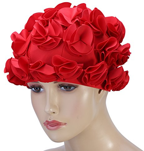 Gorro de natación de la Flor Pelo Largo Gorro de baño Mujeres Adultos niños Retro Floral pétalo natación Sombreros de Moda elástico Largo Nadar Gorro de baño(Rojo)