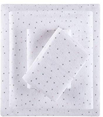 Intelligent Design Parure de lit 4 pièces Douce en Flanelle 100% Coton imprimé, Mignonne, Chaude et Ultra Douce pour Temps Froid, lit Double, Motif à Pois Gris/Roses