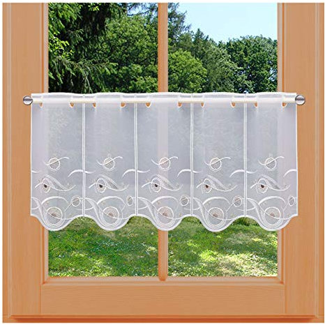 kollektion MT Scheibengardine Calinda modern bestickter Kurzstore musterübergreifende Ornamentstickei beige-weiß Vogtländischer Spitze 55 x 128 cm
