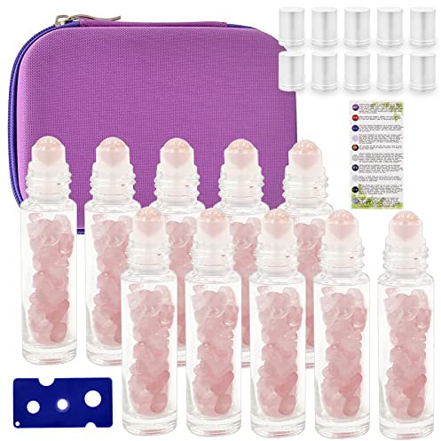 Essential Oil Roller Bottle EVA Carrying Travel Case and 10pcs Essential Oil Gemstone Roller Ball Bottles Frosted Glass Inside 10ml Healing Crystal Chips