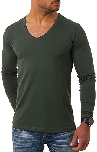 Young & Rich Herren Langarm Shirt mit tiefem V-Ausschnitt deep v-Neck Longsleeve Slim fit Stretch 2239