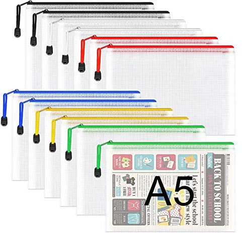 A5 Plastic Zip Folders - 12PCS A5 Mesh Zipper Pouch Plastic Zip Lock Bags Document Wallets File Zipper Bags Travel Storage Pouch for Office Supplies and Travel Accessories