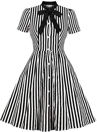 Wellwits Women's Stripes Print Tie Neck Pocket Vintage Button Down Shirt Dress 4XL Black