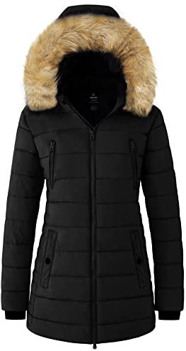 Wantdo Femme Veste Chaude à Capuche d'hiver Manteau Sherpa Epaissi Parka Coupe-Vent d'Extérieur Manteau d'Extérieur Mi-Long Décontracté Noir M