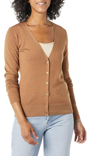 Amazon Essentials Women's Lightweight V-Neck Cardigan Sweater, Camel Heather, Large