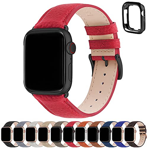 Fullmosa Cinturino Apple Watch Ultra 2 45mm/44mm/42mm/49mm, LichiBosin Cinturini in Pelle per Apple Watch Serie 9 8 7 6 5, Apple watch SE 2/ SE/Ultra, Per Uomo e Donna, Rosso + Fibbia Grigia Fumo