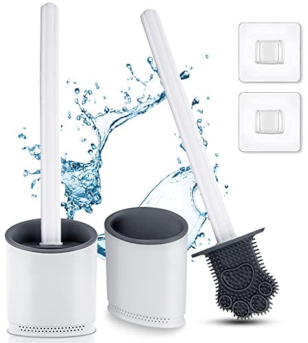 Toilettenbürste Klobürste Silikon 2er Set WC-Bürste und Halter | mit Rutschfestem Handhaben und Weichen Borsten | Wandmontage & Stehen Toilet-Bürste mit Schnell Trocknendem Halter