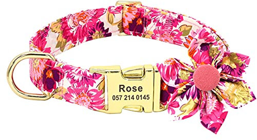 Beirui Personalised Female Dog Collars for Girl Dogs - Custom Pet Dog Collar with Flower for Small Medium Large Dogs - Soft Floral Engraved Collar (Hot Pink, M)