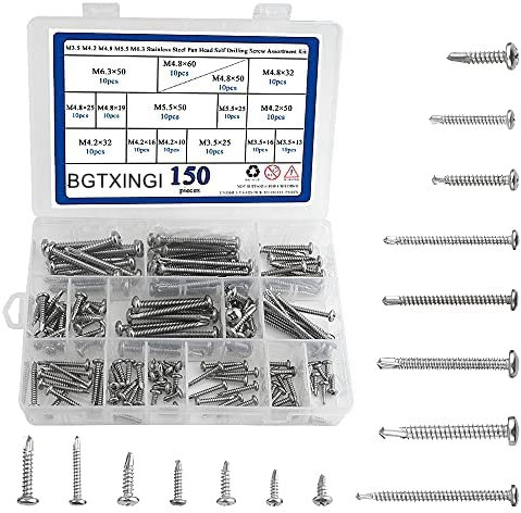 BGTXINGI 150 Stück 5 Arten M3.5 M4.2 M4.8 M5.5 M6.3 Edelstahl Flachkopfschrauben Selbstbohrende Schrauben Blech Metall Holz Schrauben Sortiment Kit gesammelt in einem praktischen Koffer