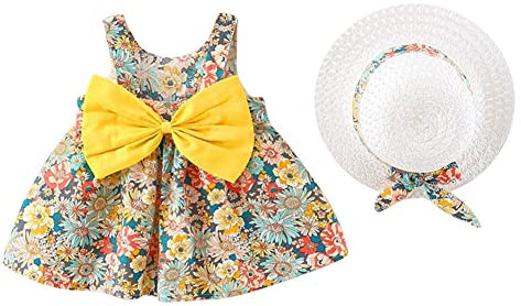 Baby Mädchen Kleidung Kleinkind Schöne Sommer Ärmellos Blumen Schleife Prinzessin Tütü Kleid A Linien Schaukel Sommerkleid+Stroh Hut 1. Geburtstag Babykleidung Festliches Taufkleid Gelb 12-18 Monate