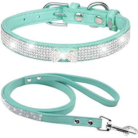FUNAT Strass Hundehalsband + Leine, Kristall Schleife Hundehalsband, Strass Hundehalsband Leinen, niedlichen Hund Strass Halsband