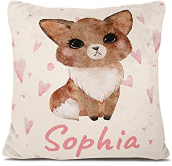 Personalisedog Fleece Baby Kissen mit Wunschname & Fuchsmotiv und Motivfarbe | Namenskissen Geschenk zur Geburt oder Taufe Namen für Junge Mädchen (Fuchs Herzen)