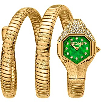 Just Cavalli Signature Snake Schlange Glam Evo 7 Double - Damen Quarz Armbanduhr Fashion Armband und Gehäuse aus Edelstahl Wickelarmband und flexiblem Gehäuse mit Analoganzeige, grün, Fashion
