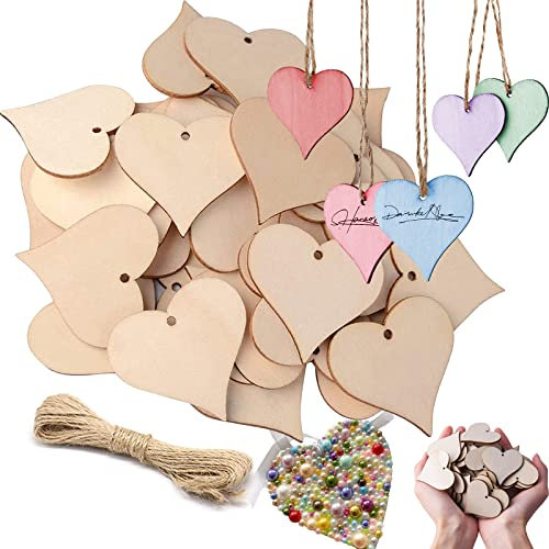 100 Stück Holzherzen mit 10m Juteschnur, Holzherzen Streudeko, Kleine Holzherzen zum Beschriften, Holzanhänger Herz Holzherzen, Holzherzen zum Basteln mit Loch, Für Tischdeko DIY Handwerk