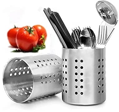 Stainless Steel Kitchen Cutlery Holder Utensil Organizer Flatware Caddy Drainer, Cooking Utensil & Holder, Kitchen Caddy Spoons & Forks Organizer (1 x Stainless Steel Cutlery Holder - 9.5 x 12.5cm)